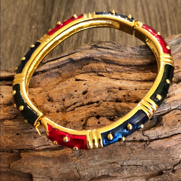 Vintage Goldtone Bracelet Red, Navy, Green Enamel - Picture 6 of 13
